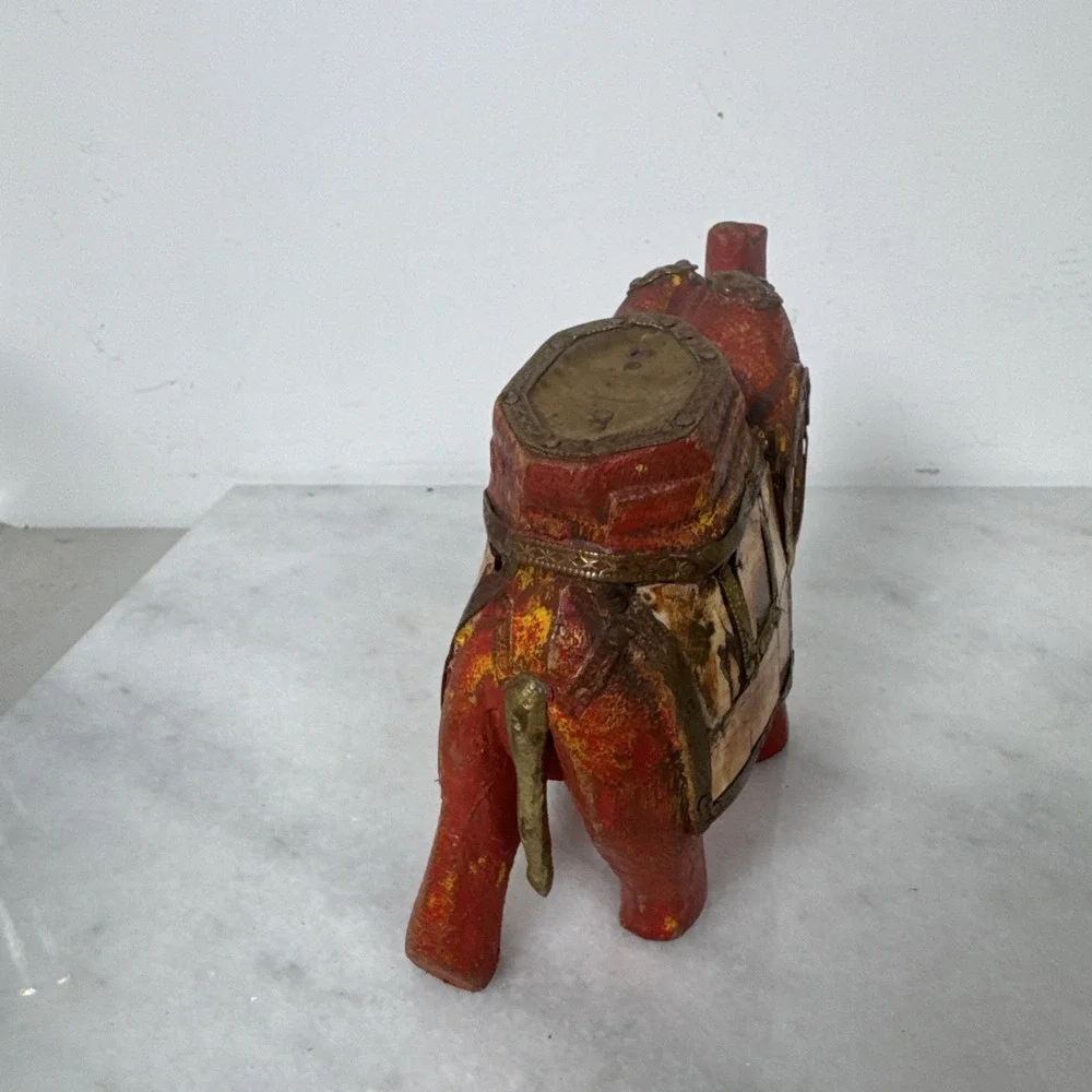 Vintage Beautiful Wood Elephant Nicely Decorated w/ Tiles & Brass
